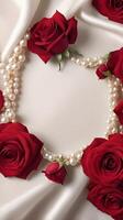 Red roses and white pearls are softly placed on red velvet fabric, creating a romantic and elegant backdrop, offering plenty of space for a heartfelt message. photo