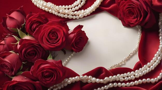Red roses and white pearls rest on rich red velvet fabric, creating a romantic and elegant atmosphere with ample space in the center for a personalized message. photo