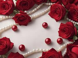 A luxurious red velvet fabric holds red roses and white pearls, the textures of both elements creating a romantic, elegant background, leaving ample room for a message. photo