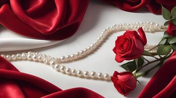 Soft red roses and white pearls are placed gently on red velvet fabric, with the rich texture providing a romantic backdrop and space for a loving message. photo