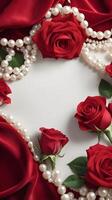 Red roses and white pearls are delicately placed on luxurious red velvet fabric, with the texture creating an elegant, romantic backdrop, offering plenty of space for text. photo
