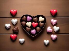 A cozy scene with heart-shaped chocolates on a wooden table, illuminated by soft lighting, with plenty of room for a special Valentine message. photo
