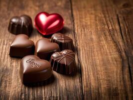 Heart-shaped chocolates delicately placed on a wooden surface, with the soft glow of lighting creating a stunning contrast, leaving room for a romantic message. photo