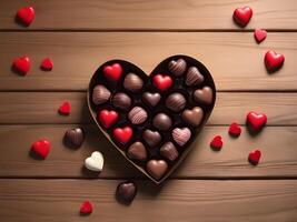 A warm wooden table adorned with heart-shaped chocolates, illuminated by soft lighting, leaving plenty of space in the center for a loving message. photo
