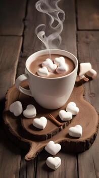 A warm cup of hot chocolate with heart-shaped marshmallows rests on a rustic wooden surface, with the rising steam creating an inviting space for a message. photo
