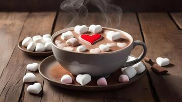 On a rustic wooden surface, a warm cup of hot chocolate with heart-shaped marshmallows is surrounded by soft steam, offering room for a message in the center. photo
