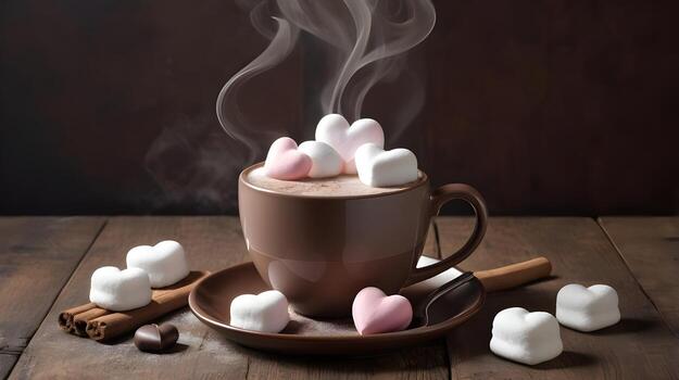 A comforting cup of hot chocolate with floating heart-shaped marshmallows is placed on a rustic wooden table, with the soft steam creating space for a heartfelt message. photo
