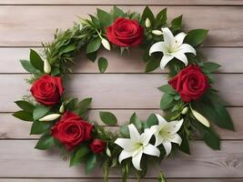 A floral wreath of red roses, white lilies, and green leaves is carefully placed on a wooden surface, leaving ample space for a Valentine Day message in the middle. photo