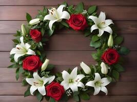 The wreath, adorned with red roses, white lilies, and green leaves, is beautifully placed on a wooden surface, creating space in the middle for a heartfelt Valentine greeting. photo