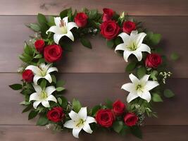 A beautiful, floral wreath made of red roses, white lilies, and green leaves. The wreath is delicately placed on a wooden surface with ample space in the center for a romantic Valentine message. photo