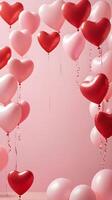 The heart-shaped red and pink balloons, gently blurred in the background, leave space for a loving message to appear in the center. photo