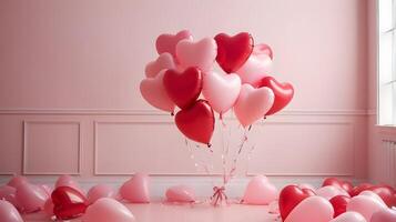 A group of heart-shaped red and pink balloons, blurred softly in the background, provides room for a message, enhancing the festive atmosphere. photo