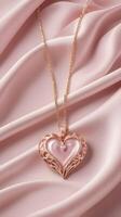 The smooth silk fabric in soft pink tones complements the heart-shaped pendant, leaving plenty of space in the center for a message. photo