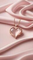 A delicate heart-shaped pendant on smooth pink silk fabric provides a serene backdrop with space in the center for a message. photo