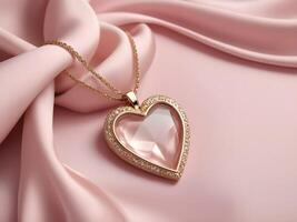 The heart-shaped pendant shines against a soft pink silk background, with plenty of room in the middle for text. photo