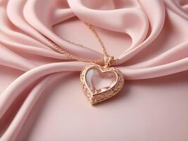 Resting on a soft pink silk background, the heart-shaped pendant allows for a message to be placed in the center, thanks to the clear space around it. photo