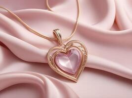 A heart-shaped pendant rests gracefully on a smooth, soft pink silk background, providing space in the middle for a message. photo