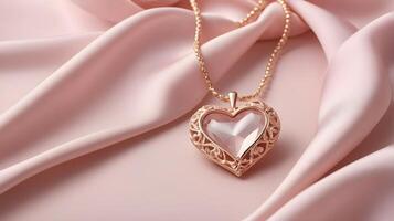 The heart-shaped pendant on the soft pink silk fabric stands out with its realistic details, leaving ample space in the center for a personalized message. photo