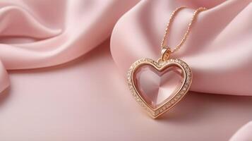 On a smooth silk fabric in soft pink hues, a heart-shaped pendant sits delicately, offering a perfect spot in the center for a message. photo