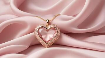 A heart-shaped pendant is placed on a soft pink silk backdrop, with ample space in the center for a loving message. photo