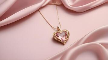a heart-shaped pendant on a smooth silk background in soft pink tones. The realistic details of the jewelry and fabric leave room for a message in the center. photo