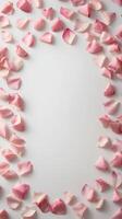 The soft white fabric, accented by scattered pink rose petals, creates a serene background with space in the center for a message. photo