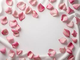 Scattered pink rose petals on a smooth white fabric offer a calm backdrop, leaving a clear area for text in the center. photo
