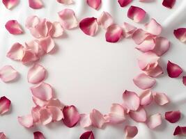 A soft white fabric adorned with scattered pink rose petals provides a tranquil setting, offering room for a message in the middle. photo