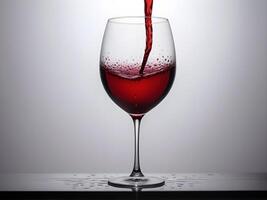 A red wine glass, clear as crystal, has a heart-shaped design formed by droplets on its surface, with a soft-focus background perfect for a Valentine message. photo