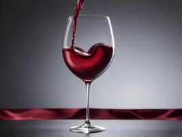 A crystal-clear glass of red wine features a heart-shaped pattern formed by droplets on the surface, with soft lighting and a blurred background leaving room for a Valentine message. photo