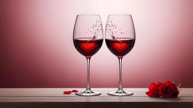 The red wine glass, with a heart-shaped droplet design, stands against a blurred backdrop, offering a natural glow and ample space for a romantic message. photo
