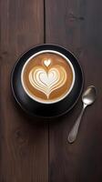 A cup of coffee, topped with heart-shaped latte art, sits on a dark wooden surface, with realistic steam and texture allowing space for a loving message. photo