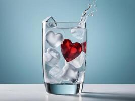 Heart-shaped ice cubes float in a glass of sparkling water, the crisp, clear drink creating a fresh appearance with room to add text. photo