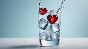 A glass of sparkling water with heart-shaped ice cubes offers a refreshing and clean look, leaving plenty of space for text. photo