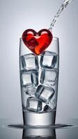 A glass of sparkling water with heart-shaped ice cubes creates a fresh, crisp visual, with clear space available for text. photo