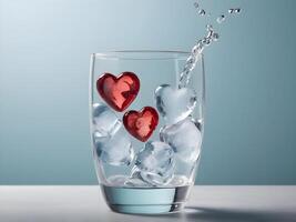 A glass of sparkling water with heart-shaped ice cubes gently floating within, offering a fresh, crisp appearance and a clear canvas for text. photo