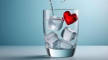 Heart-shaped ice cubes drift in a glass of clear sparkling water, with the fresh and crisp drink providing a perfect backdrop for adding text. photo
