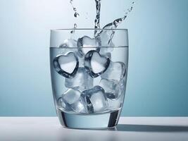 Heart-shaped ice cubes float gracefully in a glass of sparkling water, the crisp and refreshing appearance of the drink and clear glass offering plenty of space for text. photo