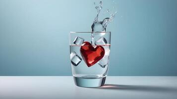 heart-shaped ice cubes floating in a glass of clear sparkling water. The fresh, crisp appearance of the drink and clear glass provide space for text. photo