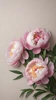 The soft, neutral linen background and the pink peonies' natural colors create ample room for text in the center. photo
