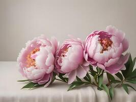 A soft, neutral linen background highlights the pink peonies, creating ample space in the center for a message. photo