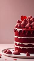The rich red velvet cake, topped with heart-shaped details, is set against a softly blurred background, offering plenty of space for a heartfelt message. photo