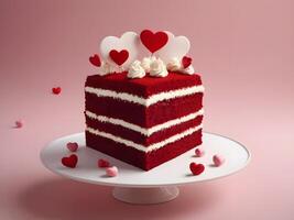 The indulgent red velvet cake, topped with heart-shaped embellishments, is set against a softly blurred background, creating room for a Valentine message in the center. photo
