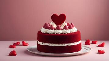 a decadent red velvet cake with heart-shaped decorations on top. The background is softly blurred, leaving plenty of copy space in the center for a Valentine message. photo