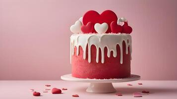 A Valentine Day cake with red and white icing hearts is photographed in close-up, the cake natural texture highlighted by soft lighting, with space for text. photo