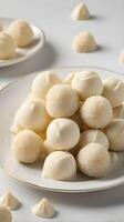 A set of white chocolate truffles sits gently on a porcelain plate, with the clean background and soft lighting providing room for a message. photo
