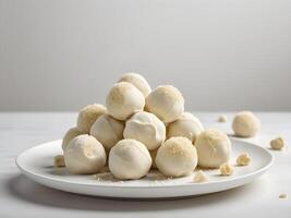 The porcelain plate with white chocolate truffles is placed delicately, the clean background and soft lighting allowing space for text. photo