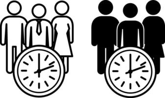 Meeting Time Icons. Black and White Icons. Group of People and Clock. Work and Rest Time. Office Concept vector