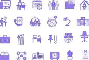 Colored Office Icon Set. Icons Computer, Employee, Team, Desk, Office Chair, Documents, Archive, Meetings, Trash, Briefcase, Corporate, Coffee Break and Others vector