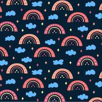 Cute drawn rainbow pattern with clouds and stars vector